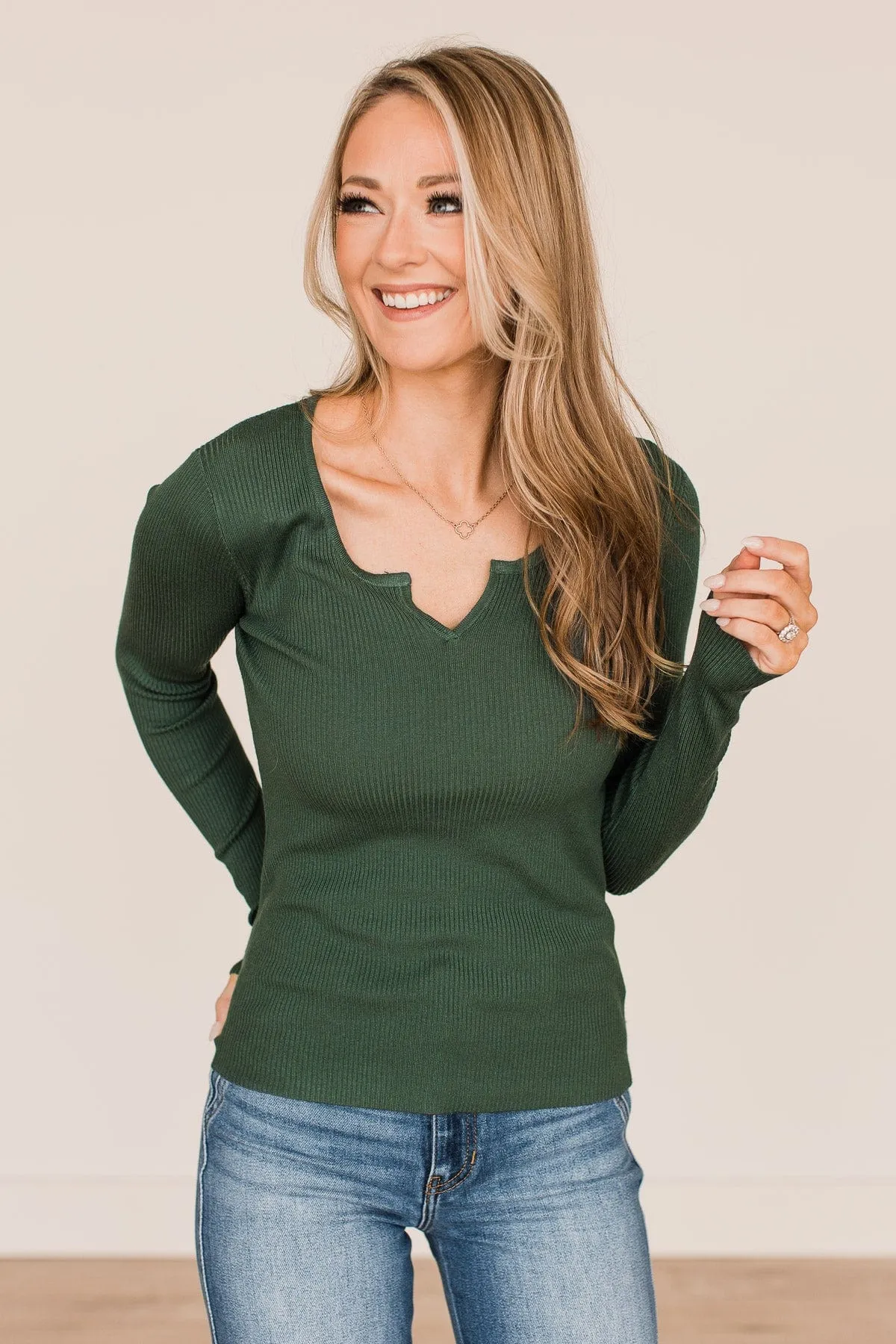 All The Possibilities Notch Knit Top- Hunter Green