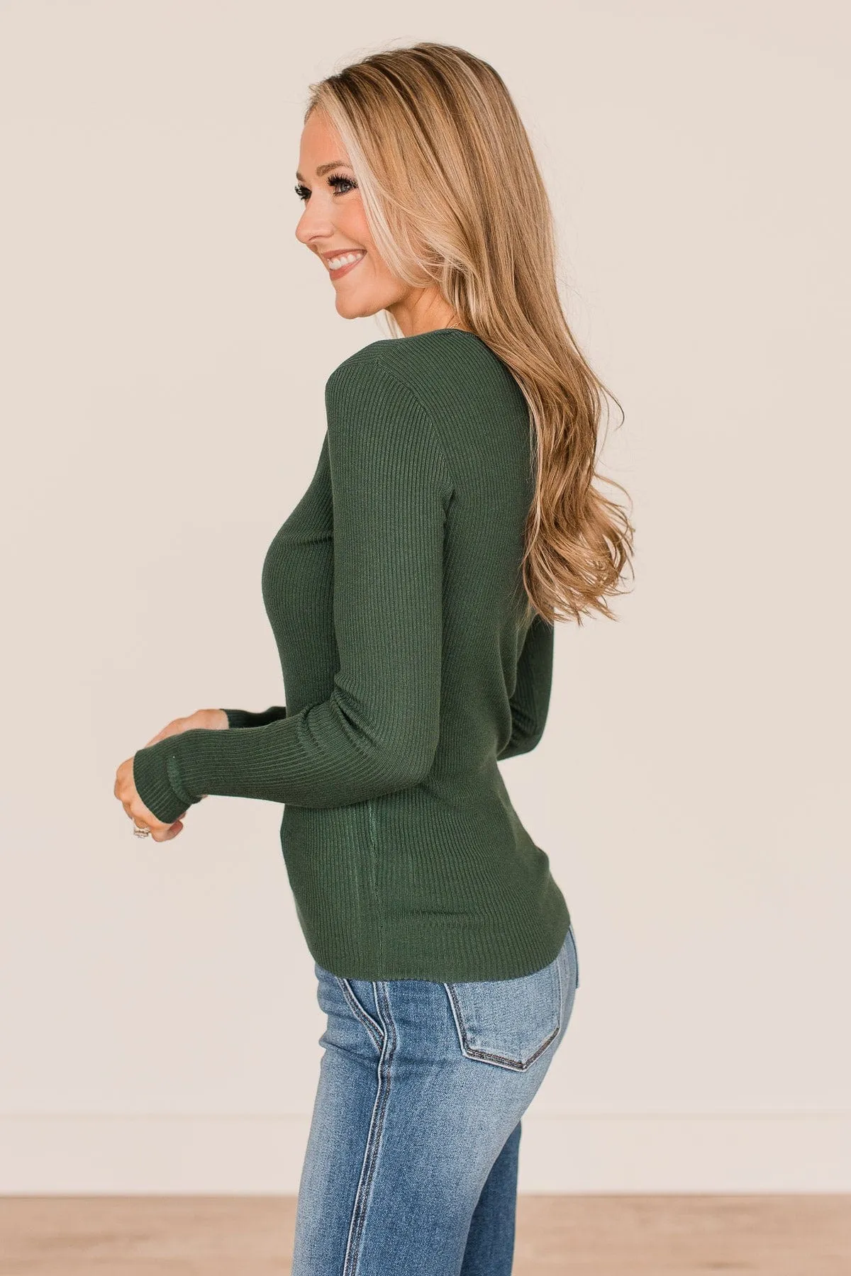 All The Possibilities Notch Knit Top- Hunter Green