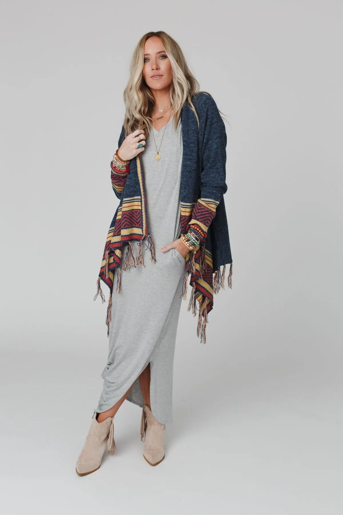 Bailey Printed Border Fringe Cardigan - Navy