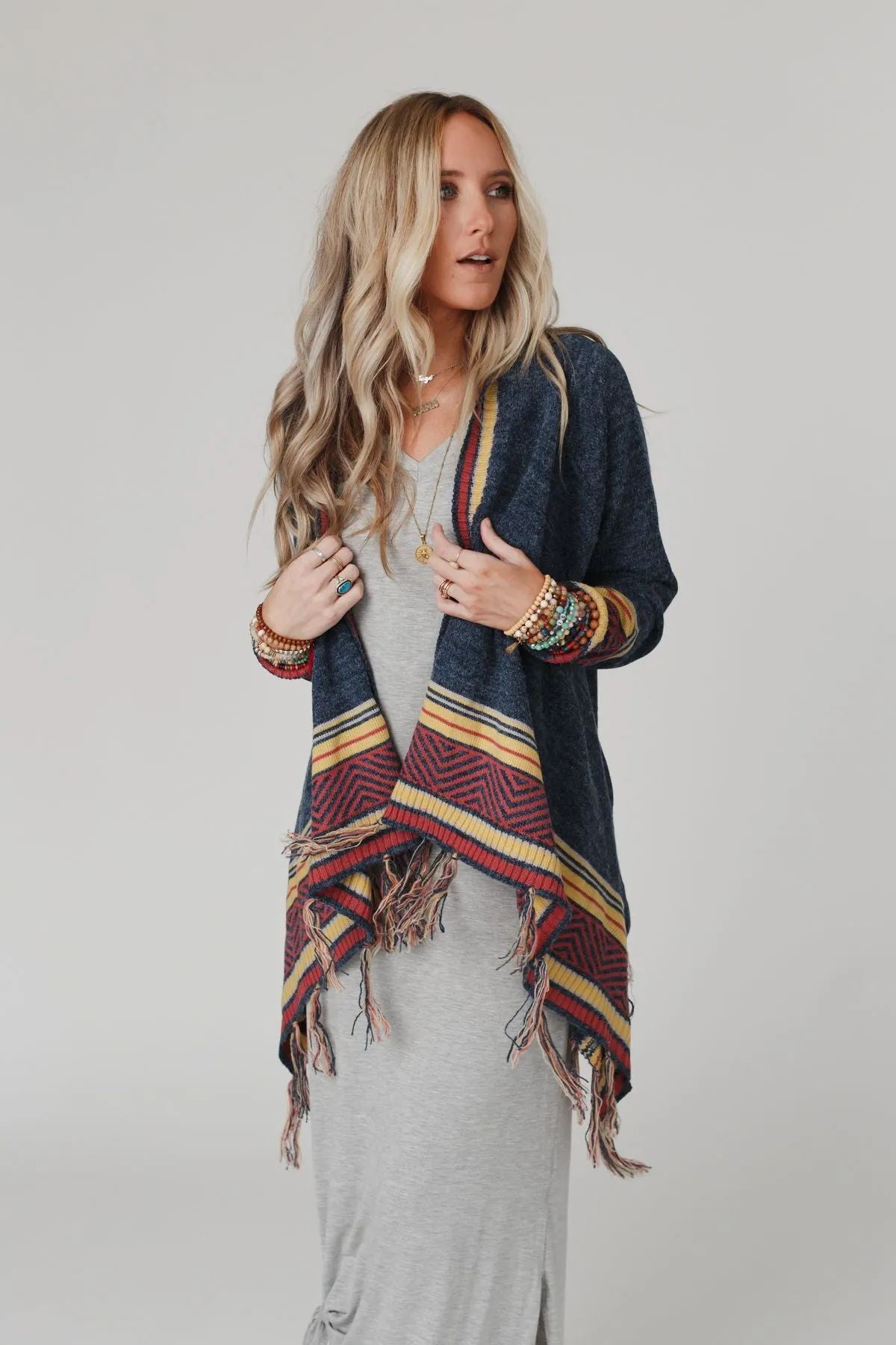 Bailey Printed Border Fringe Cardigan - Navy