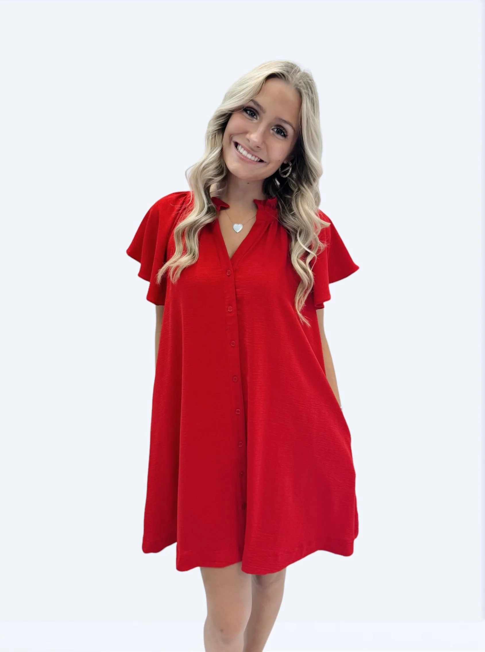 Bama A-Line Button Down Ruffle V-Neck Dress