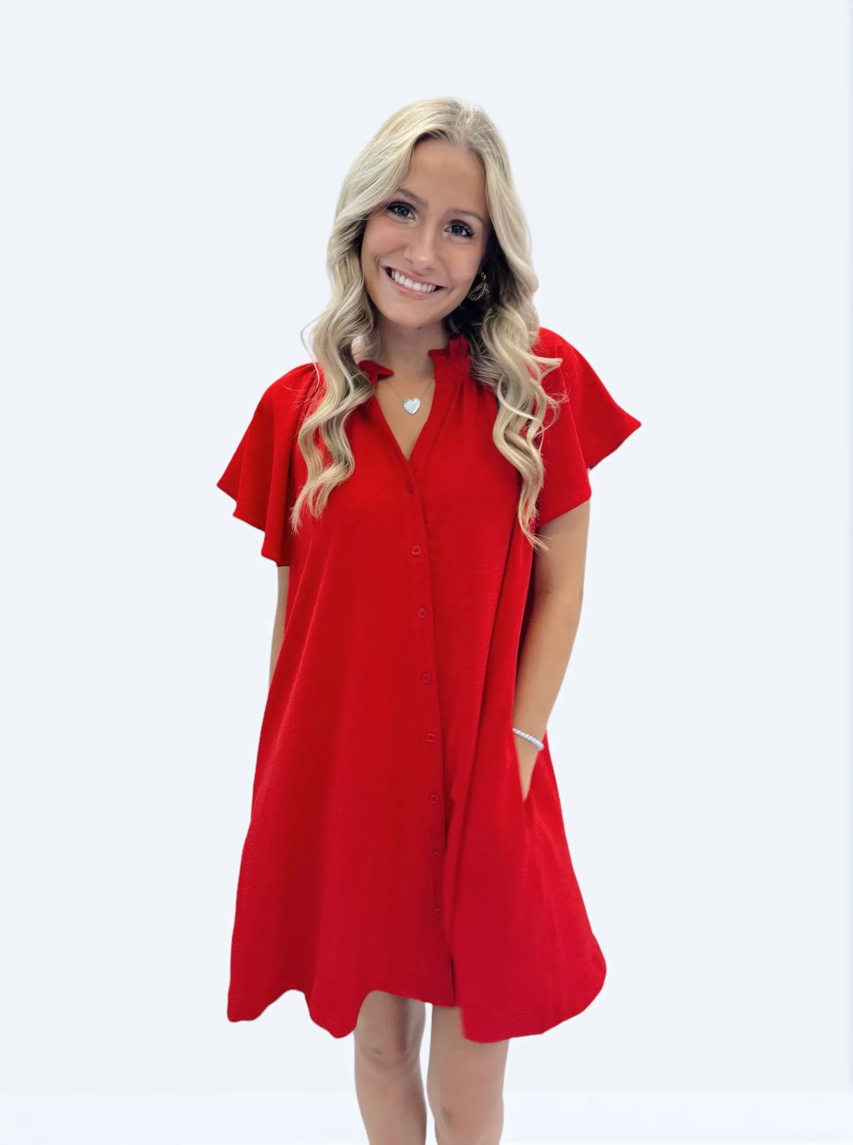 Bama A-Line Button Down Ruffle V-Neck Dress