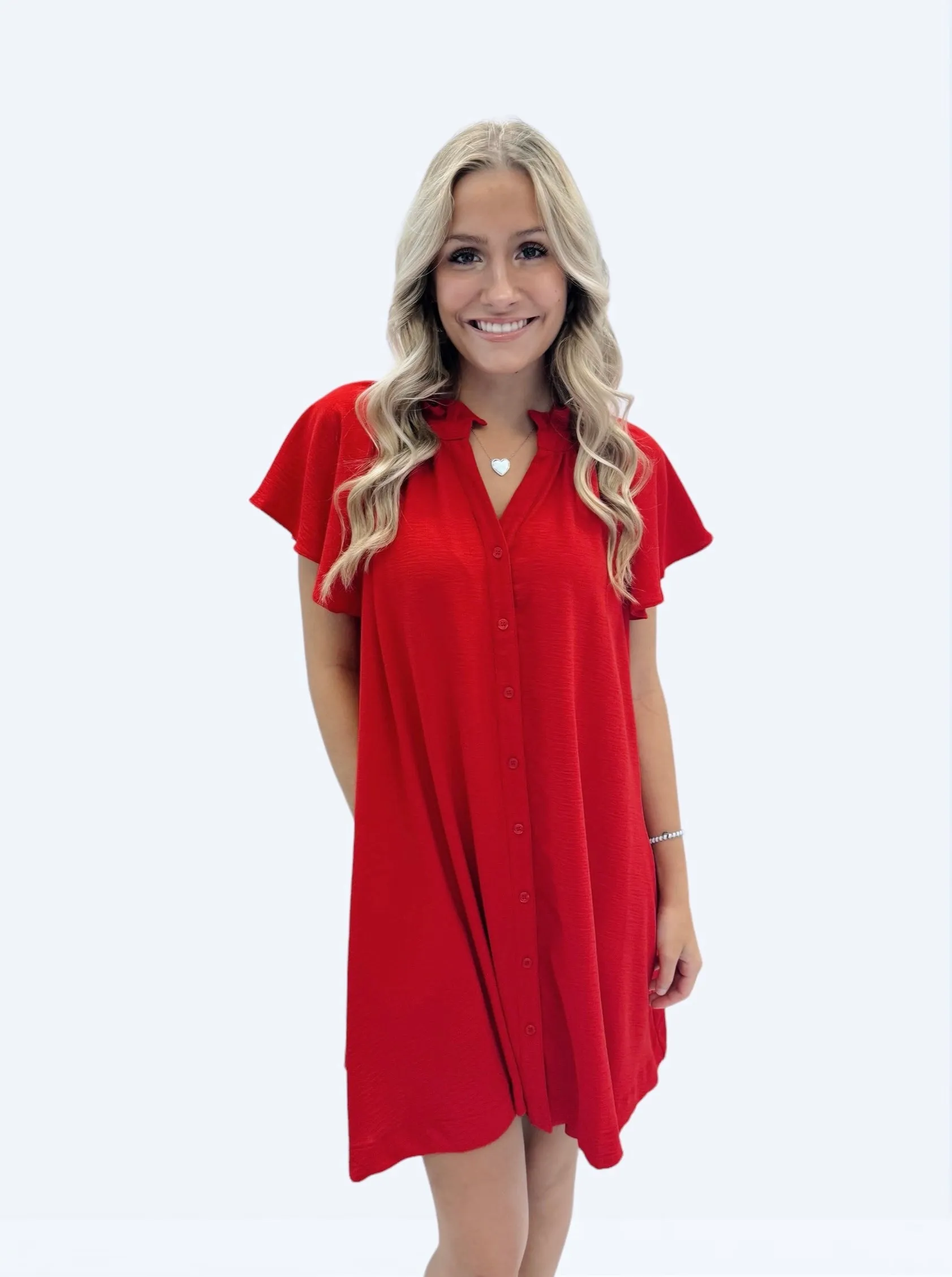 Bama A-Line Button Down Ruffle V-Neck Dress