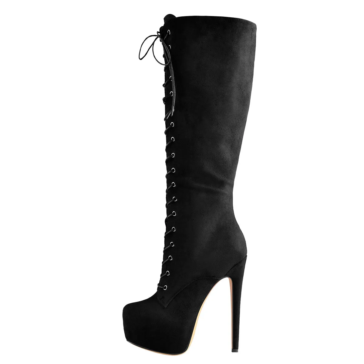 Black Platform Lace-Up Over The Knee High Heel Boot