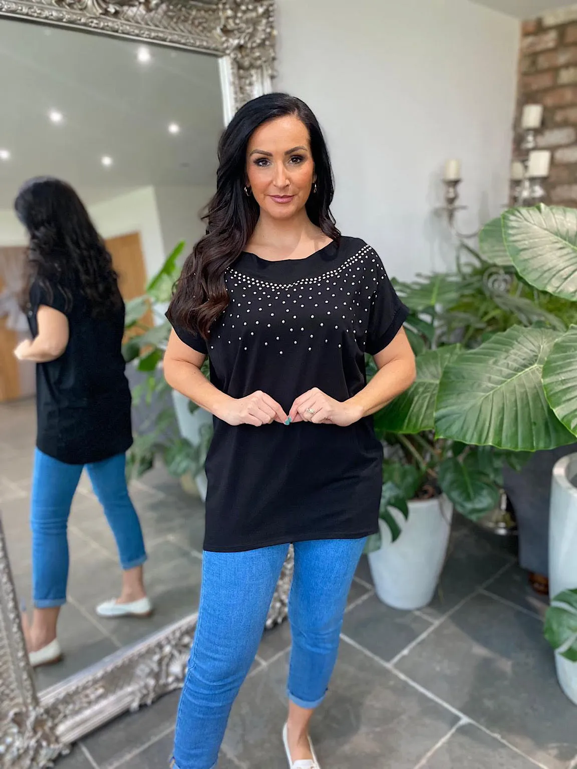 Black Round Neck Studded Top Sabrina