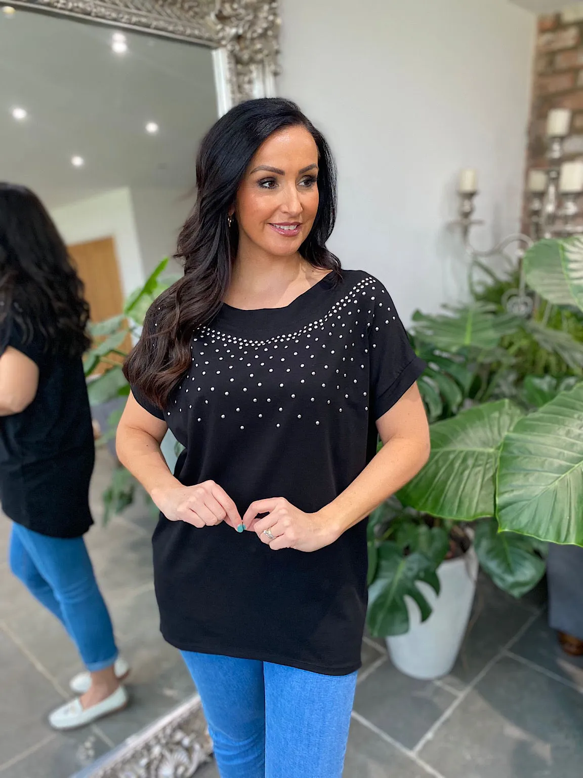 Black Round Neck Studded Top Sabrina