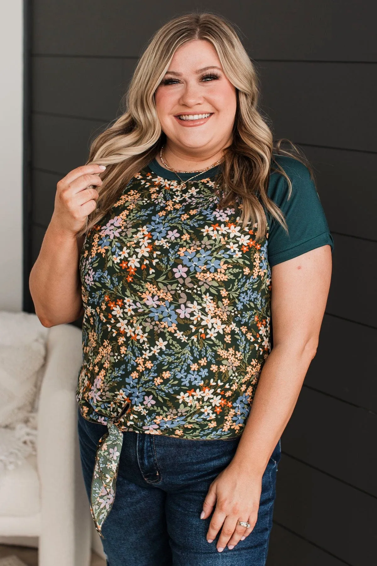 Blooming Right Floral Tie Top- Hunter Green