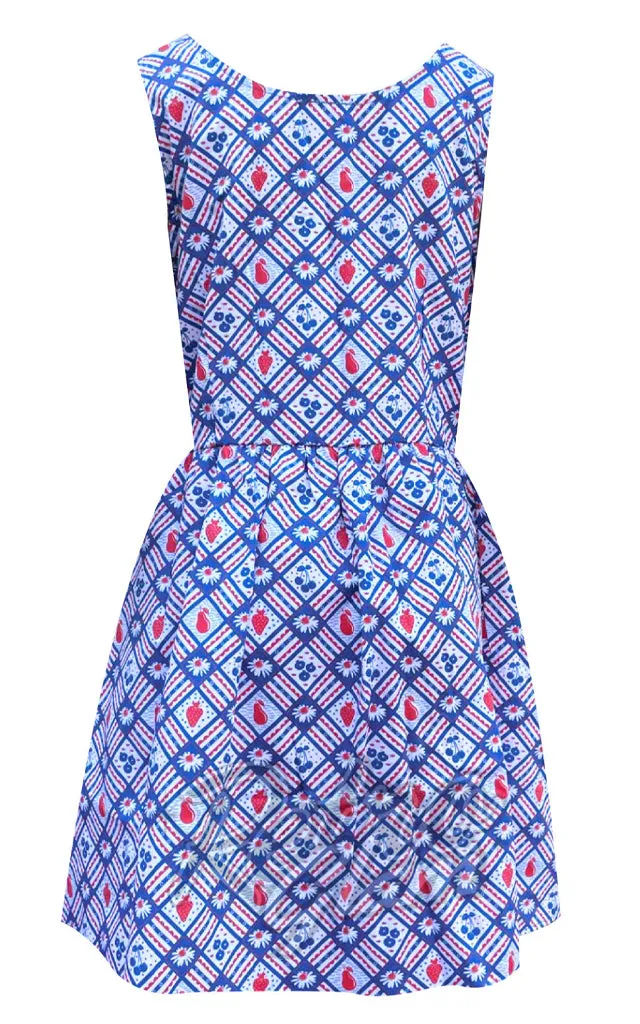 Blue Platypus Fit & Flare Midi Dress in Blue & Red Picnic Print - L left only