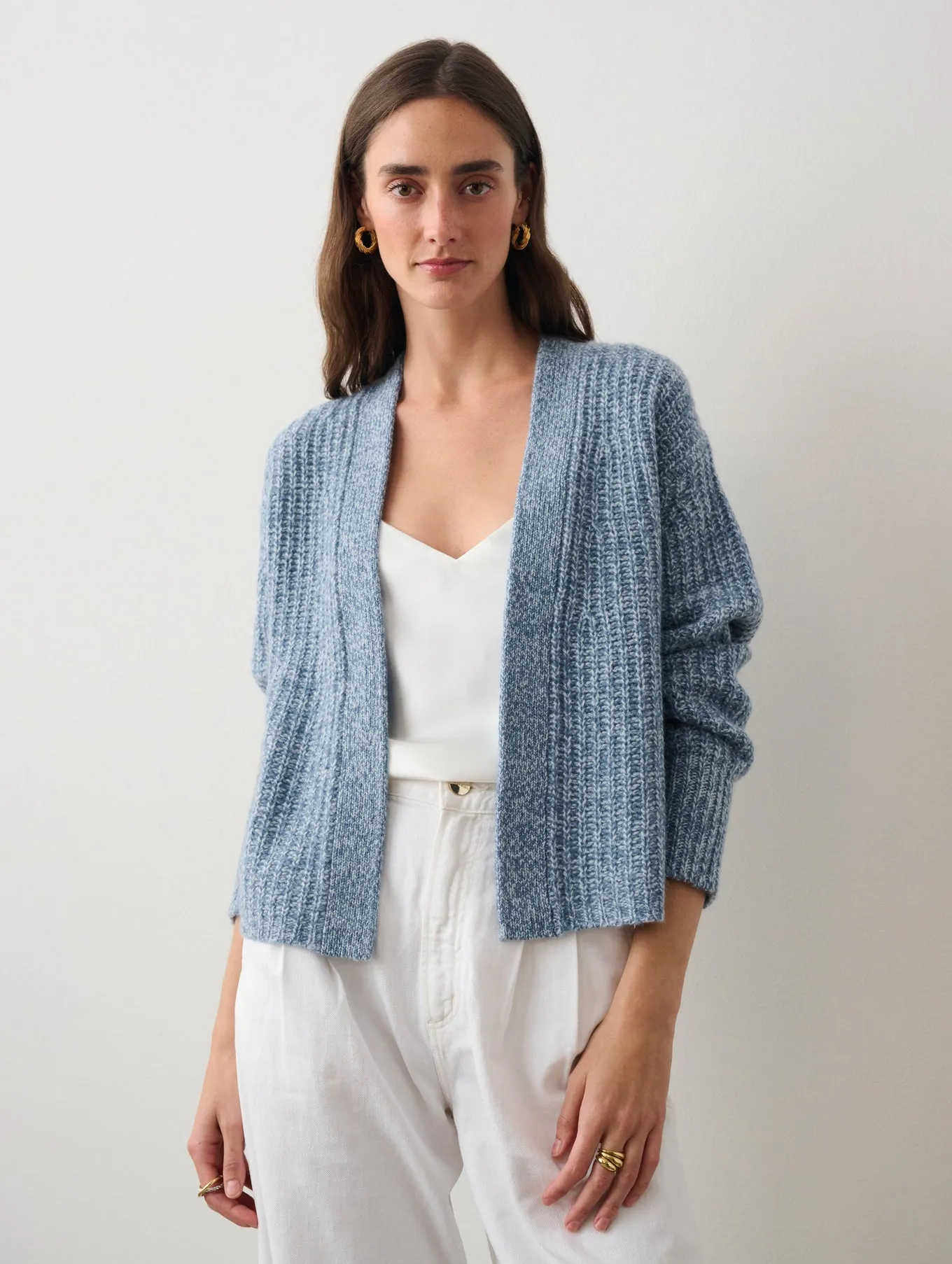 CASHMERE AIR SPUN RIBBED OPEN CARDIGAN