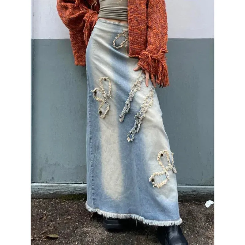 Casual Streetwear Distressed Denim Long Vintage Slim High Waisted Maxi Skirts for Women Spring