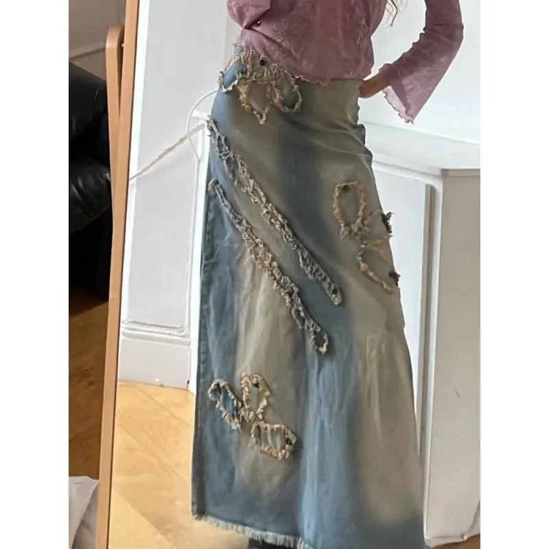 Casual Streetwear Distressed Denim Long Vintage Slim High Waisted Maxi Skirts for Women Spring