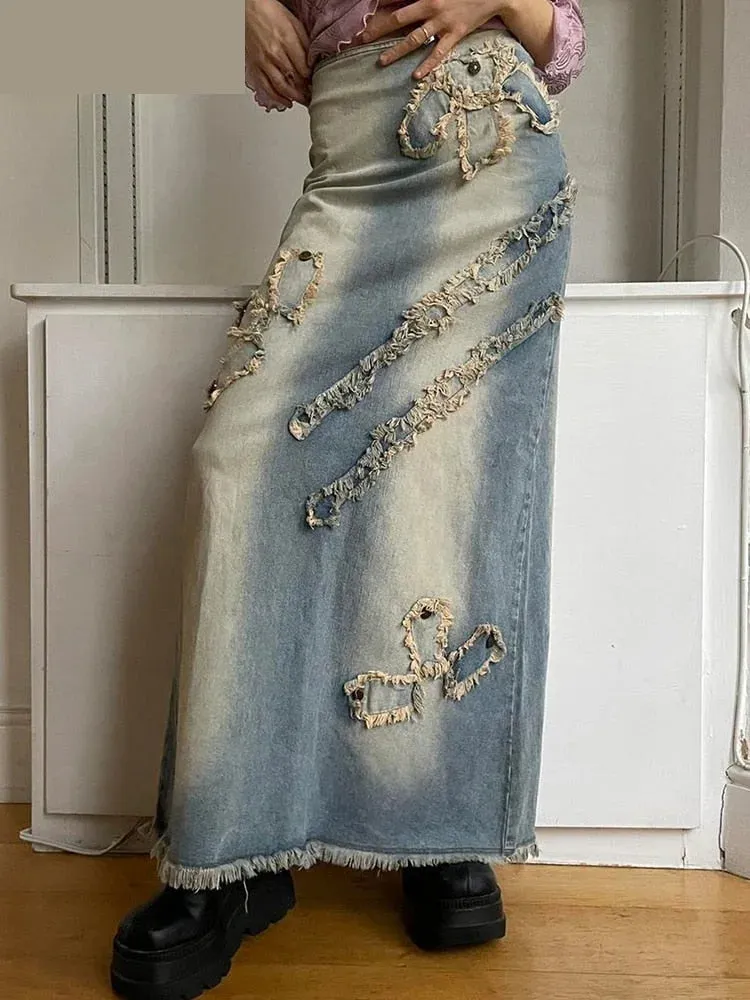 Casual Streetwear Distressed Denim Long Vintage Slim High Waisted Maxi Skirts for Women Spring