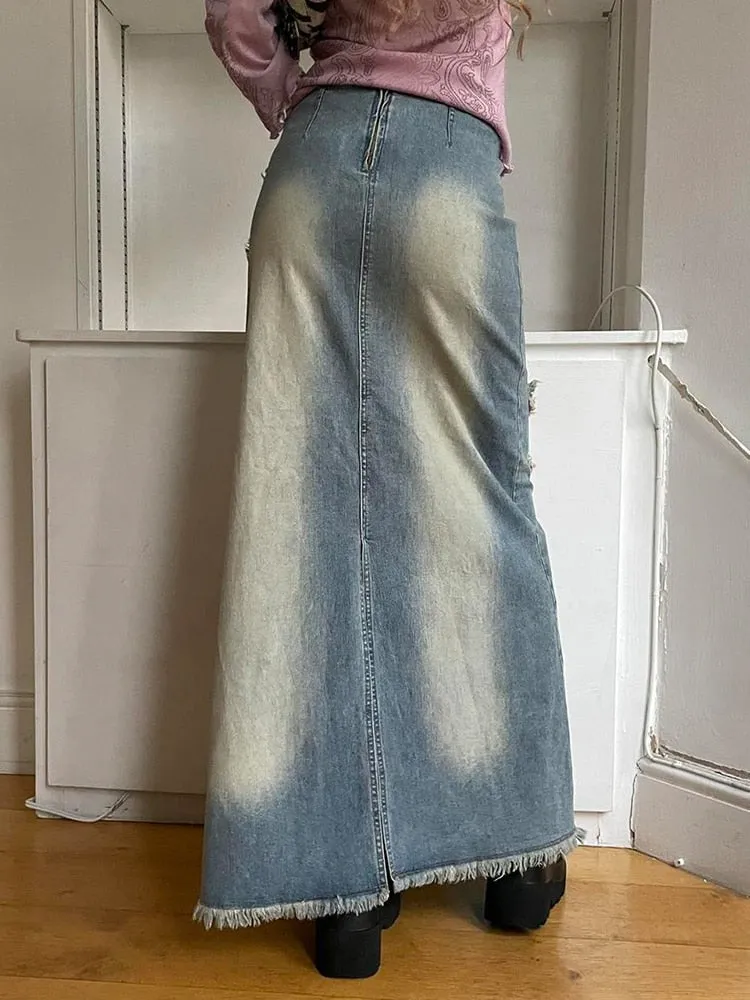 Casual Streetwear Distressed Denim Long Vintage Slim High Waisted Maxi Skirts for Women Spring