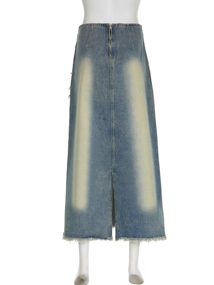 Casual Streetwear Distressed Denim Long Vintage Slim High Waisted Maxi Skirts for Women Spring