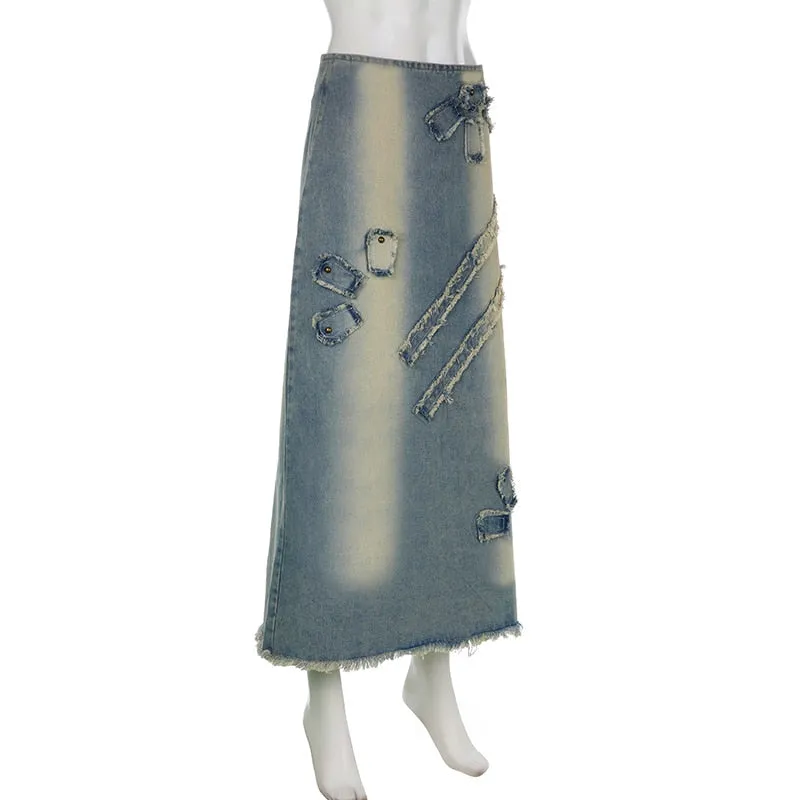 Casual Streetwear Distressed Denim Long Vintage Slim High Waisted Maxi Skirts for Women Spring