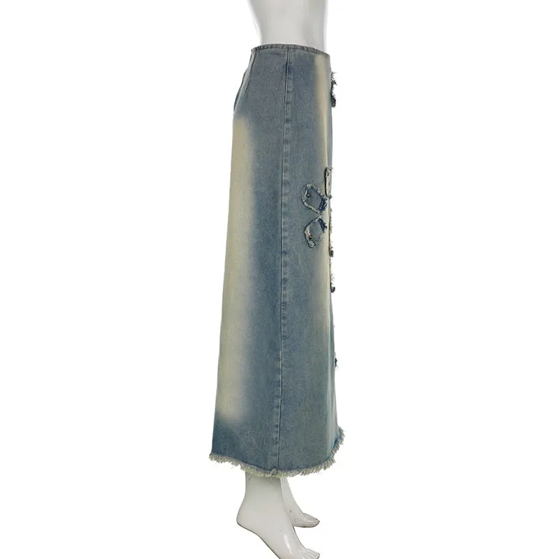 Casual Streetwear Distressed Denim Long Vintage Slim High Waisted Maxi Skirts for Women Spring