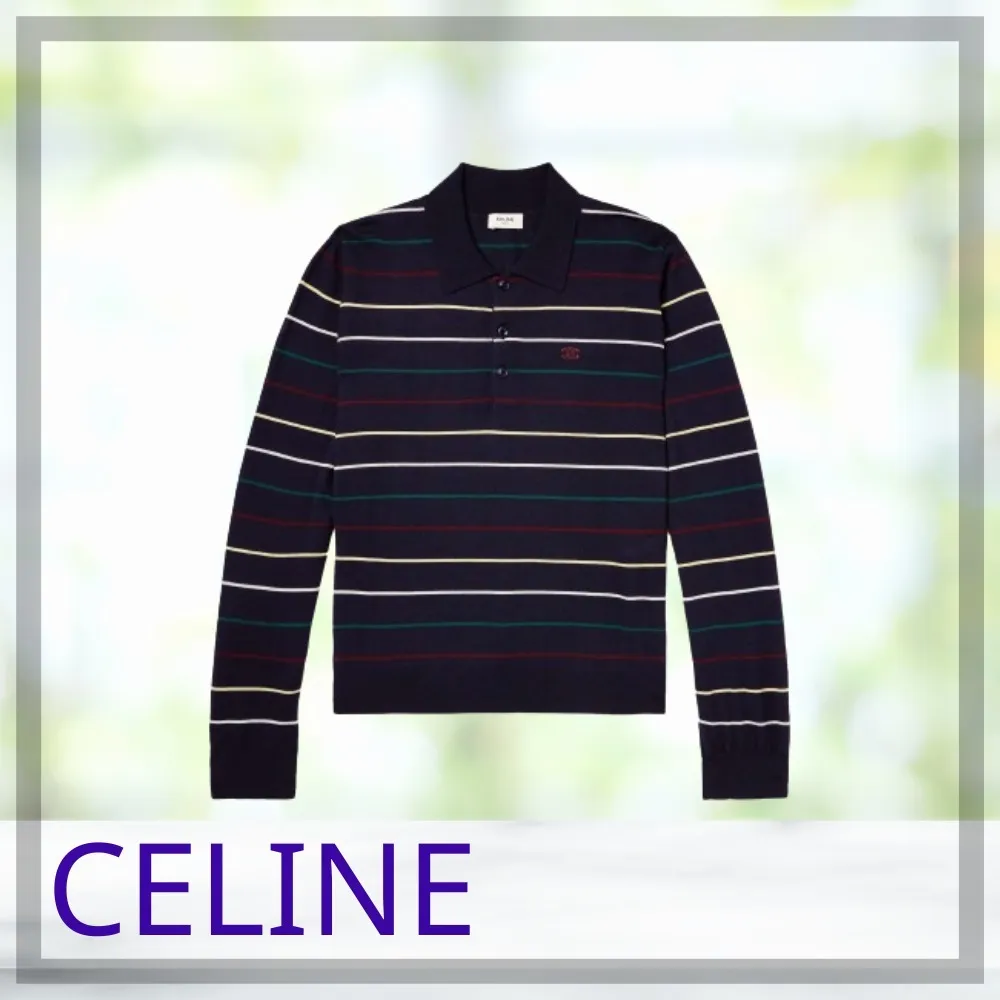 CELINE  |Stripes Wool Long Sleeves Logo Luxury Polos