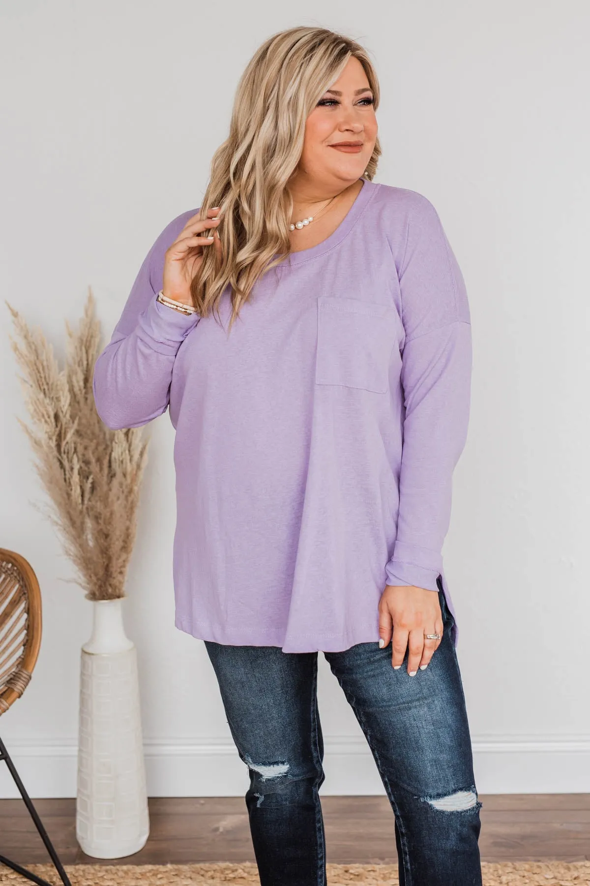 Comfy & Stylish Long Sleeve Pocket Top- Lavender