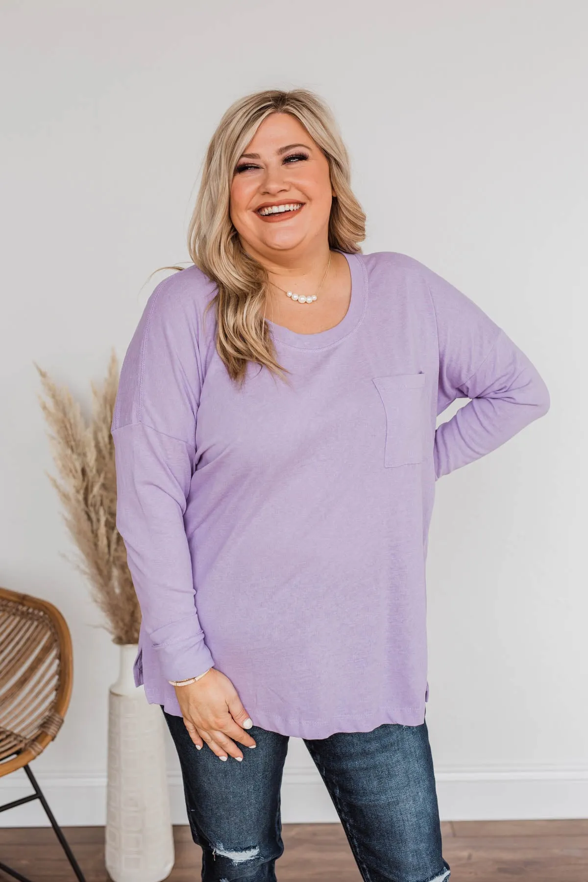 Comfy & Stylish Long Sleeve Pocket Top- Lavender