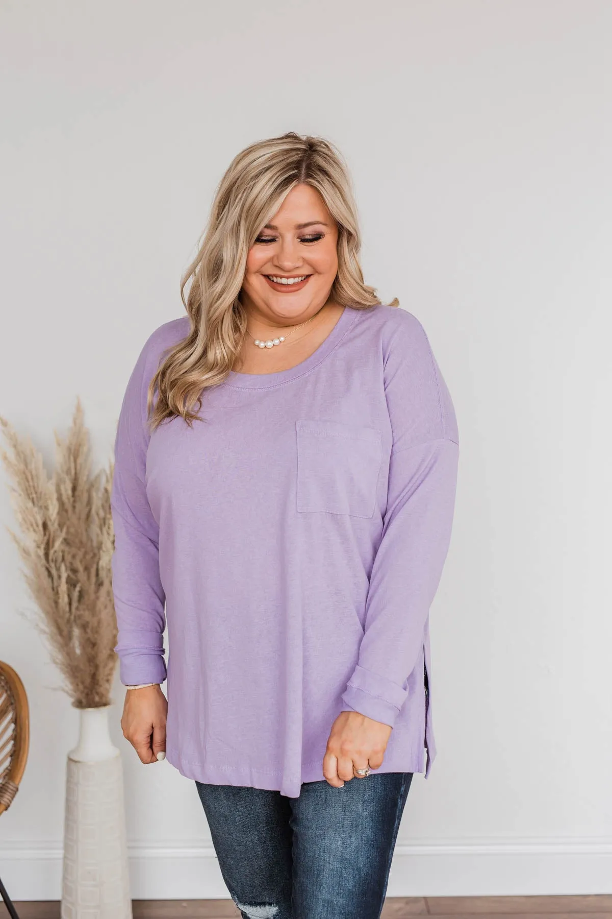 Comfy & Stylish Long Sleeve Pocket Top- Lavender