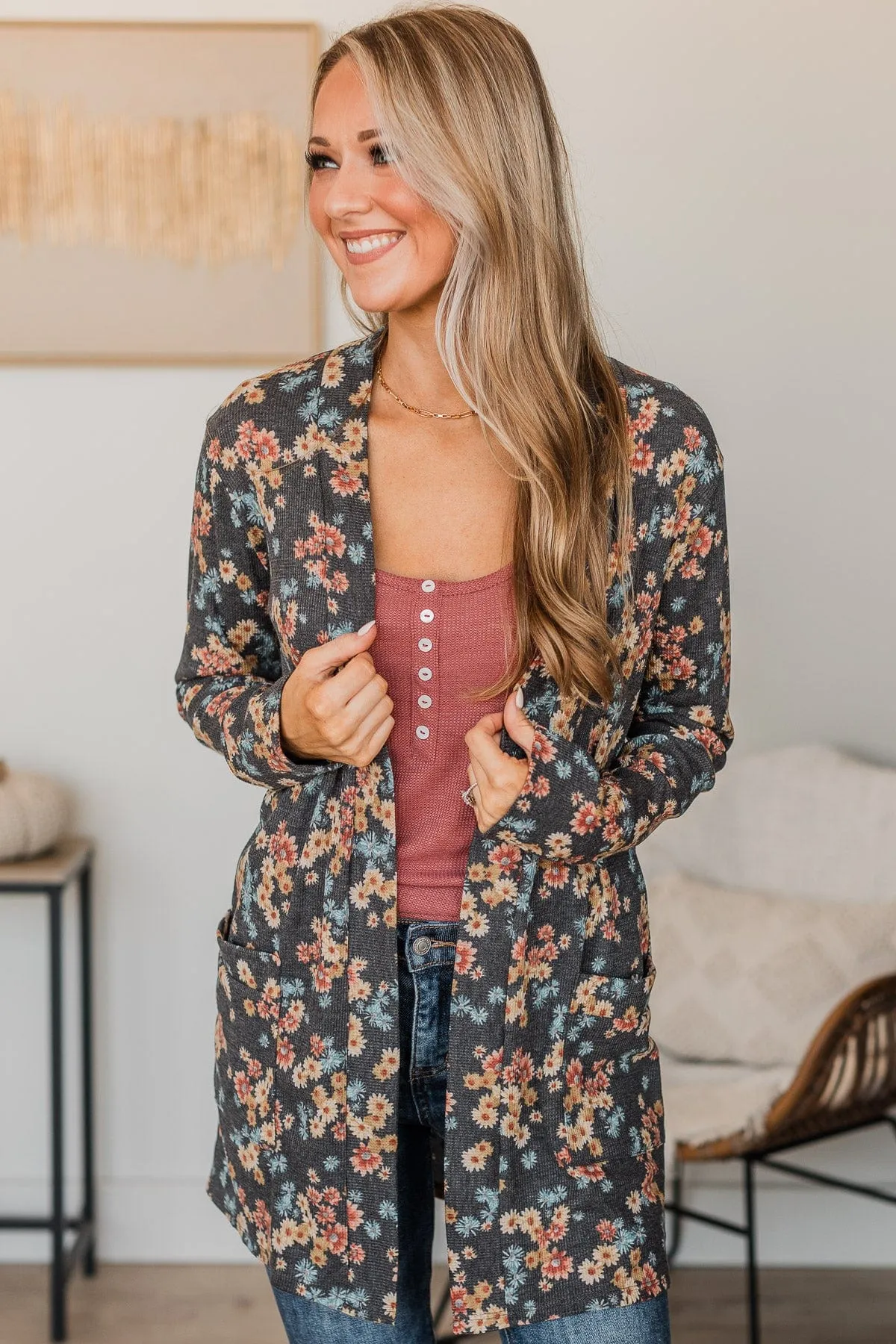 Fate Would Have It Floral Cardigan- Charcoal