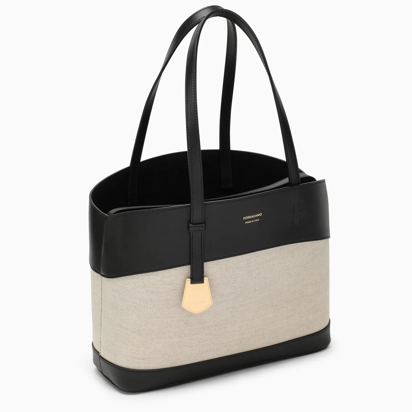 Ferragamo    Ferragamo Black/Natural Leather And Textile Tote Bag