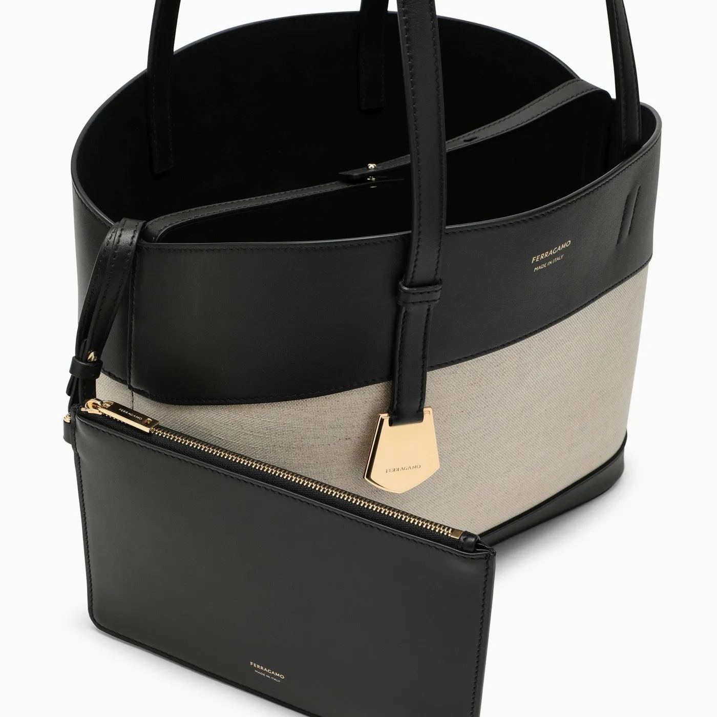 Ferragamo    Ferragamo Black/Natural Leather And Textile Tote Bag