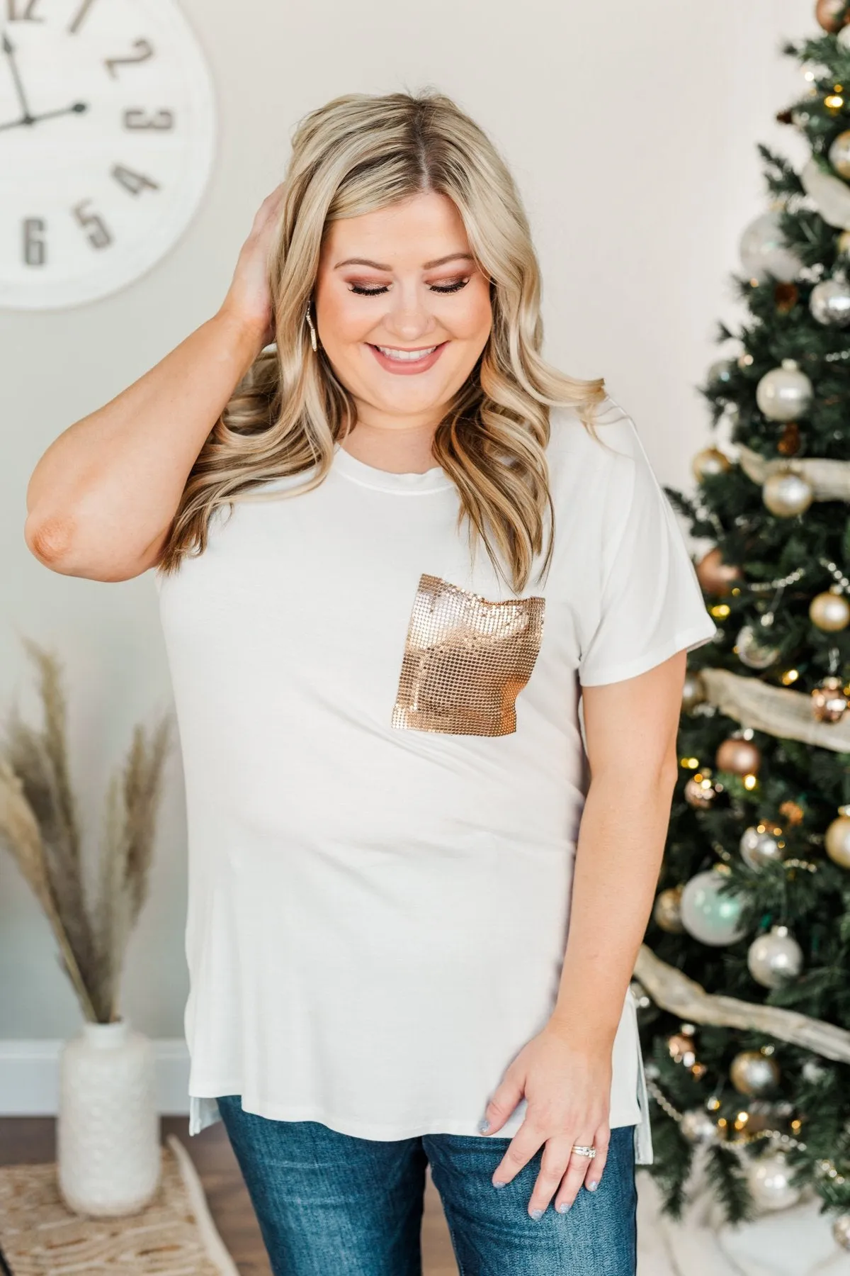 Following My Dreams Glam Pocket Top- Ivory & Copper