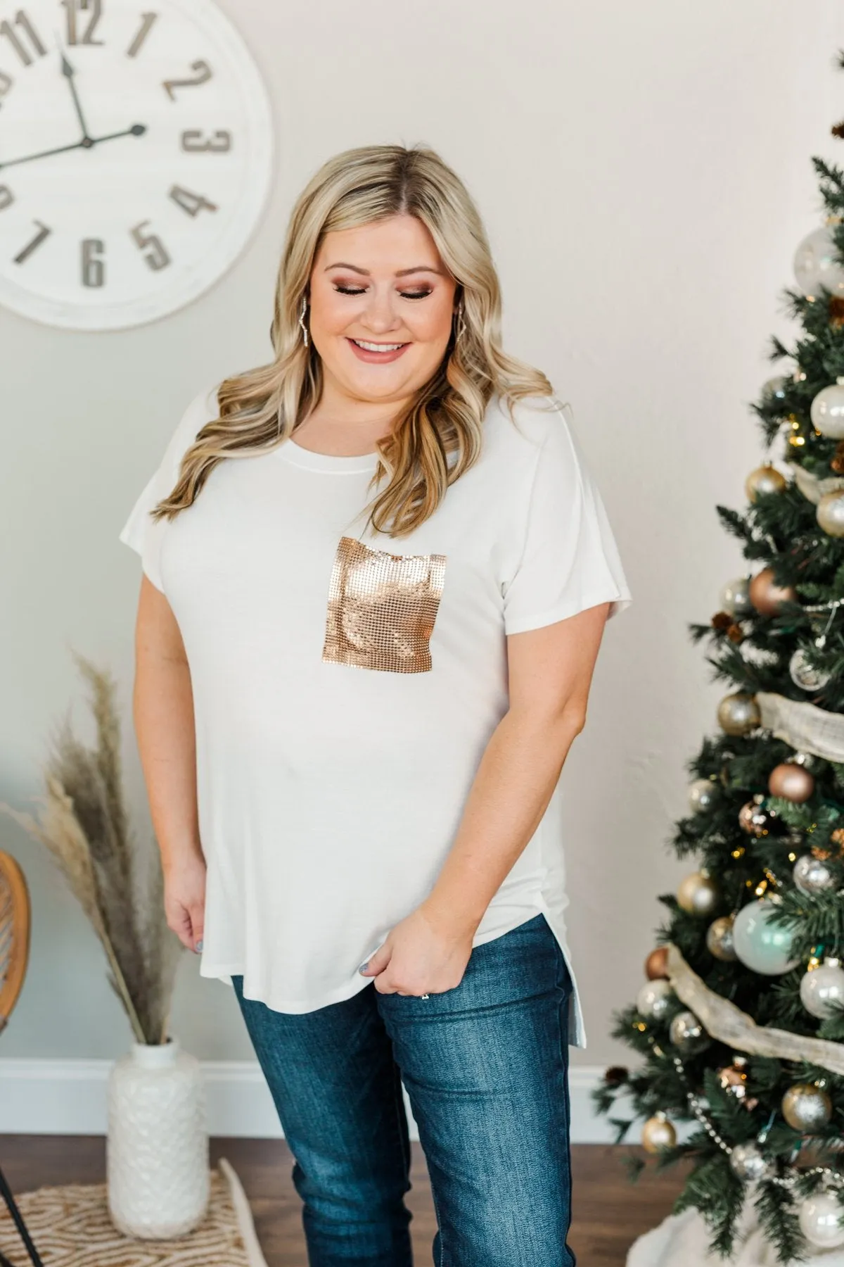 Following My Dreams Glam Pocket Top- Ivory & Copper