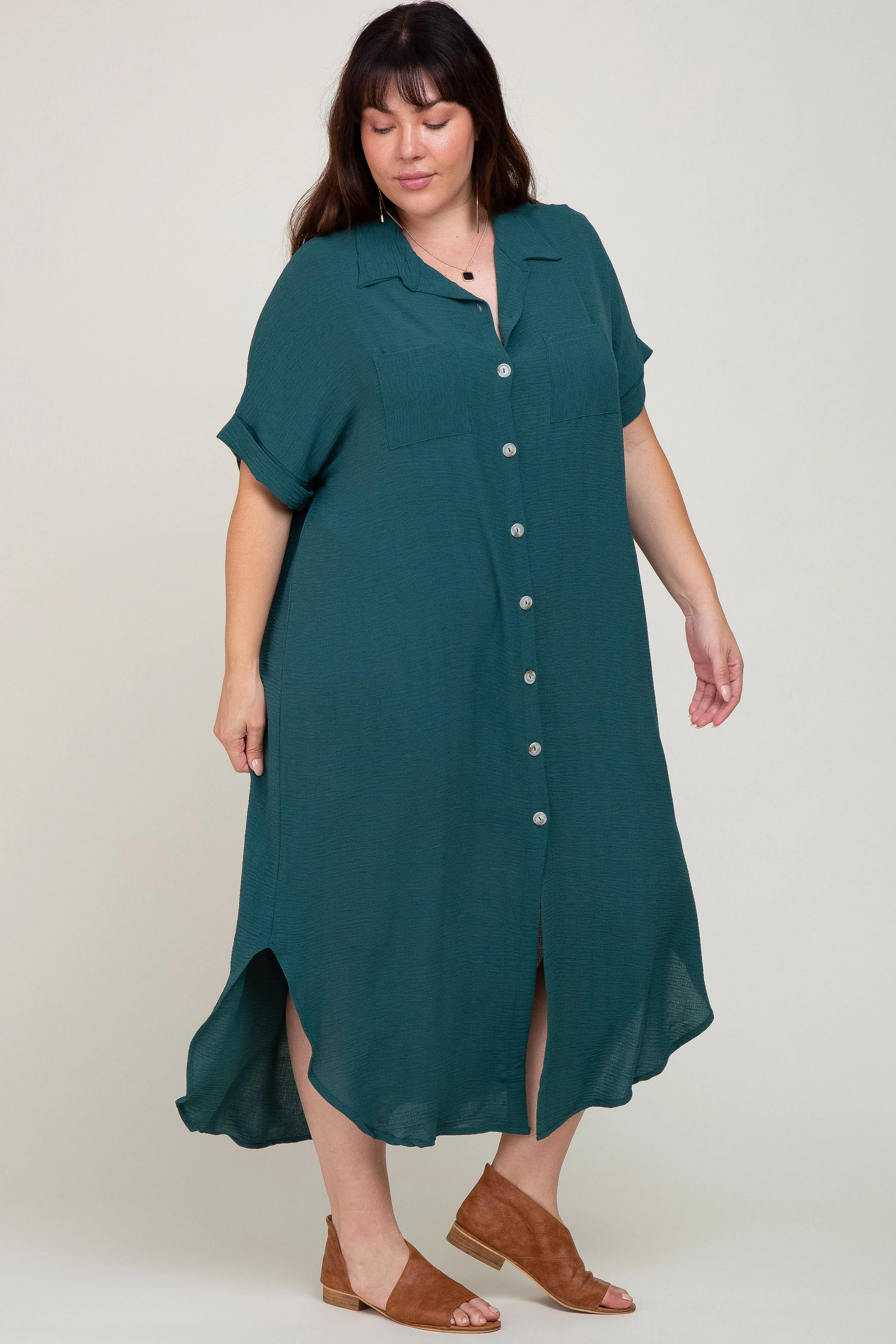 Forest Green Button Down Hi Low Plus Maxi Dress