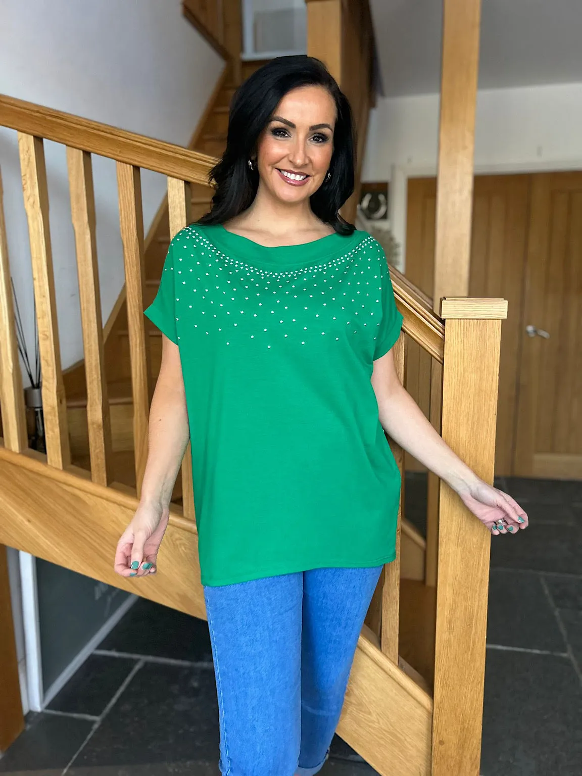 Green Round Neck Studded Top Sabrina