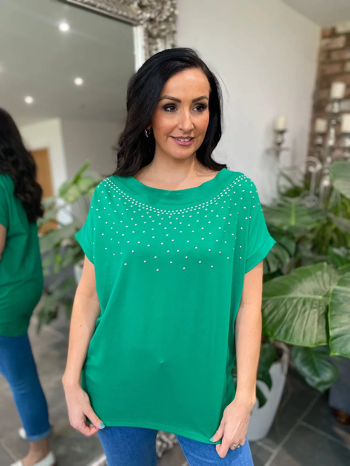 Green Round Neck Studded Top Sabrina