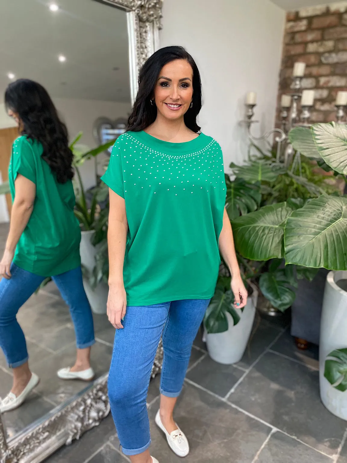 Green Round Neck Studded Top Sabrina