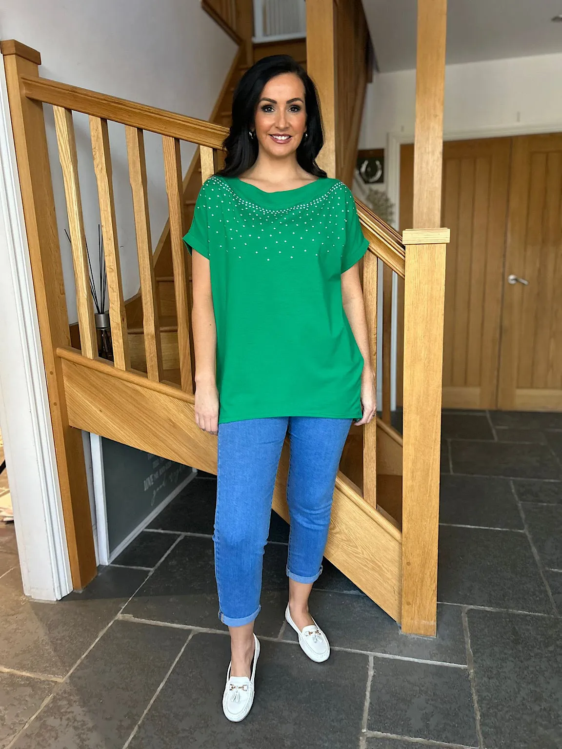 Green Round Neck Studded Top Sabrina