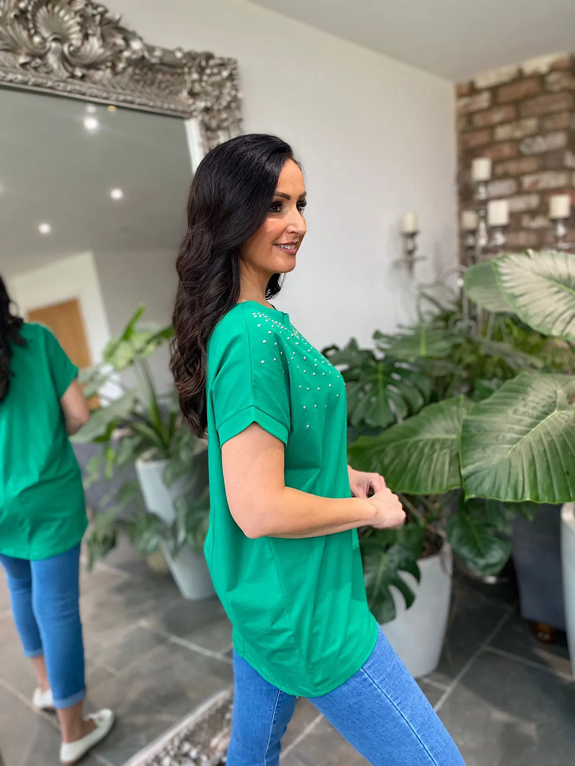 Green Round Neck Studded Top Sabrina