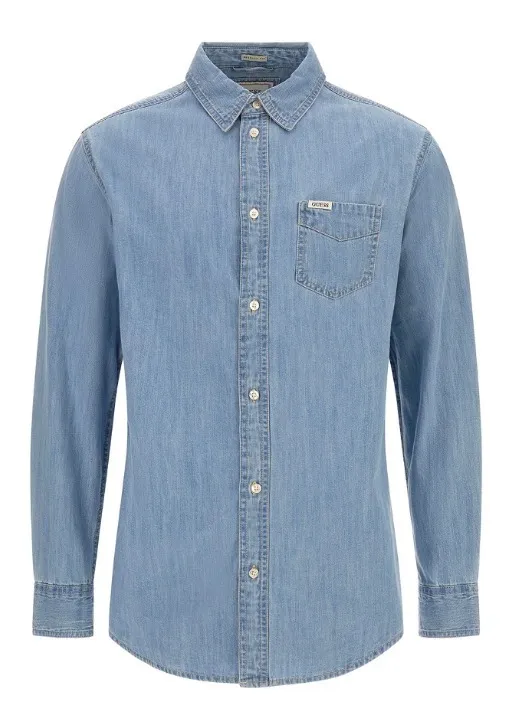 Guess  |Denim Street Style Long Sleeves Plain Logo Shirts