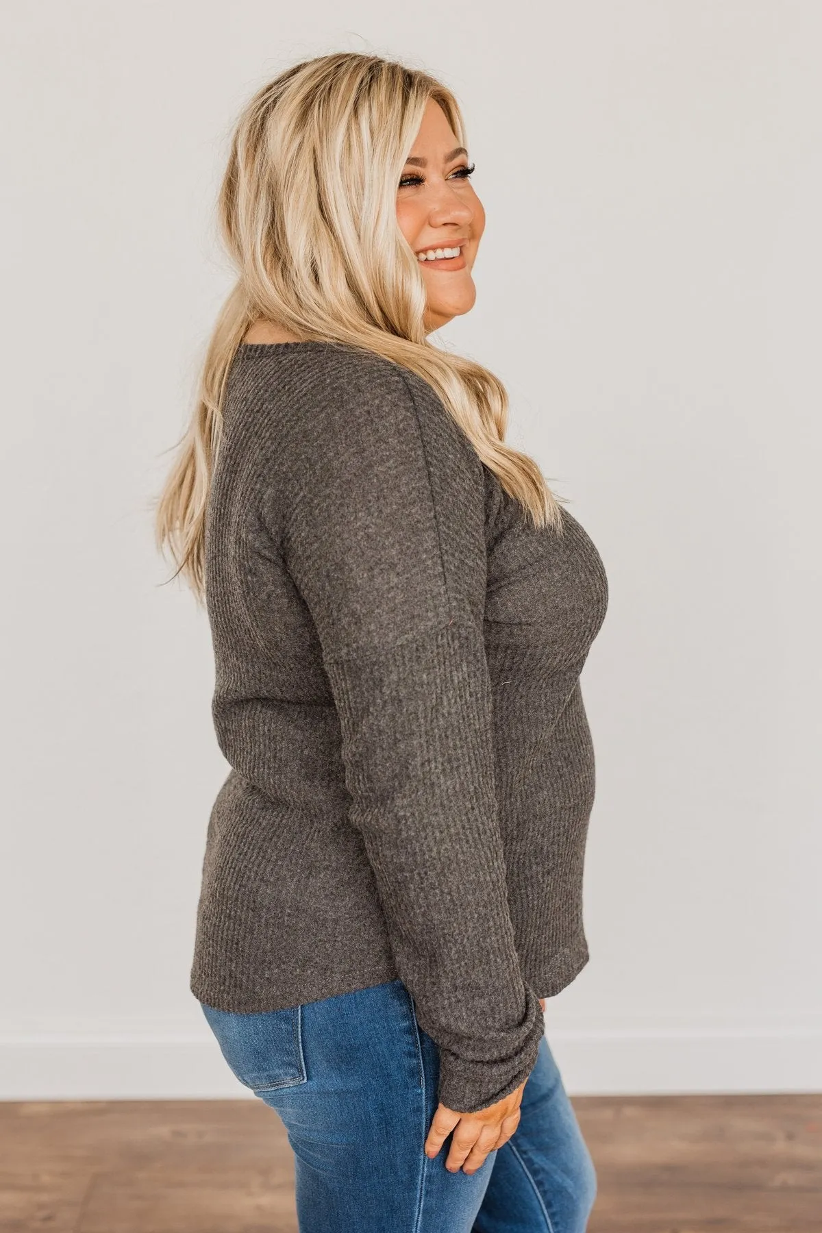 Happy Harvest Waffle Knit Button Top- Charcoal