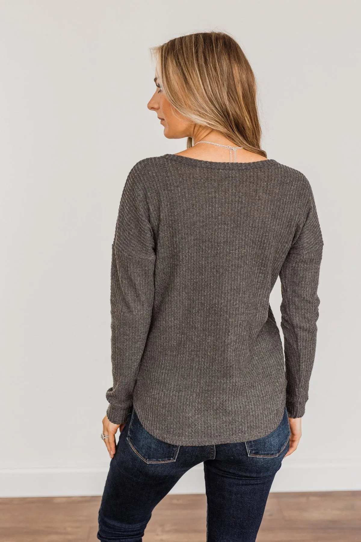 Happy Harvest Waffle Knit Button Top- Charcoal