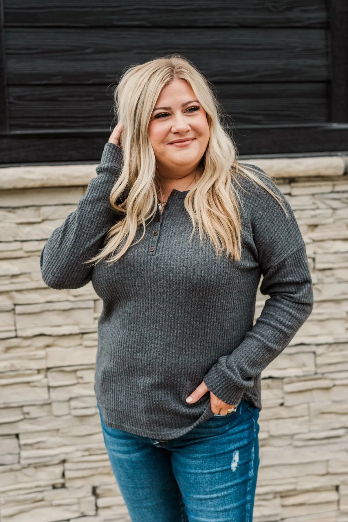 Happy Harvest Waffle Knit Button Top- Charcoal