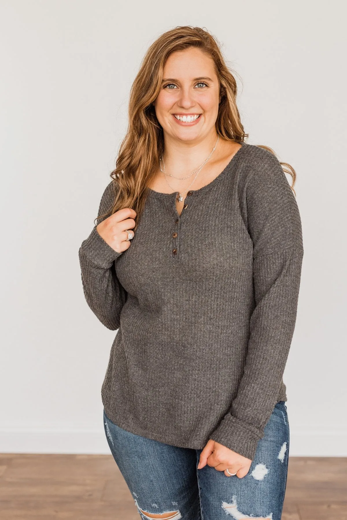 Happy Harvest Waffle Knit Button Top- Charcoal