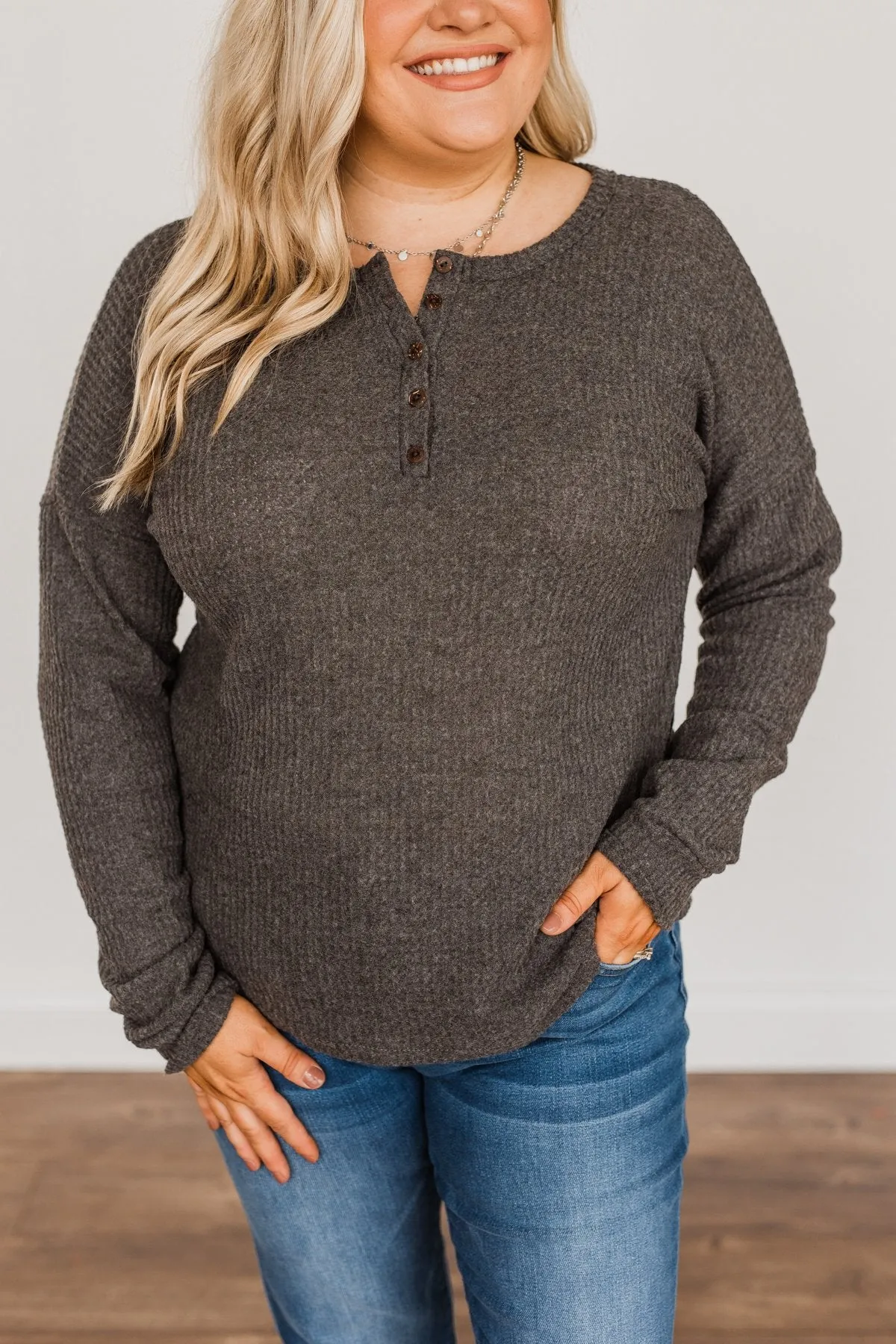 Happy Harvest Waffle Knit Button Top- Charcoal