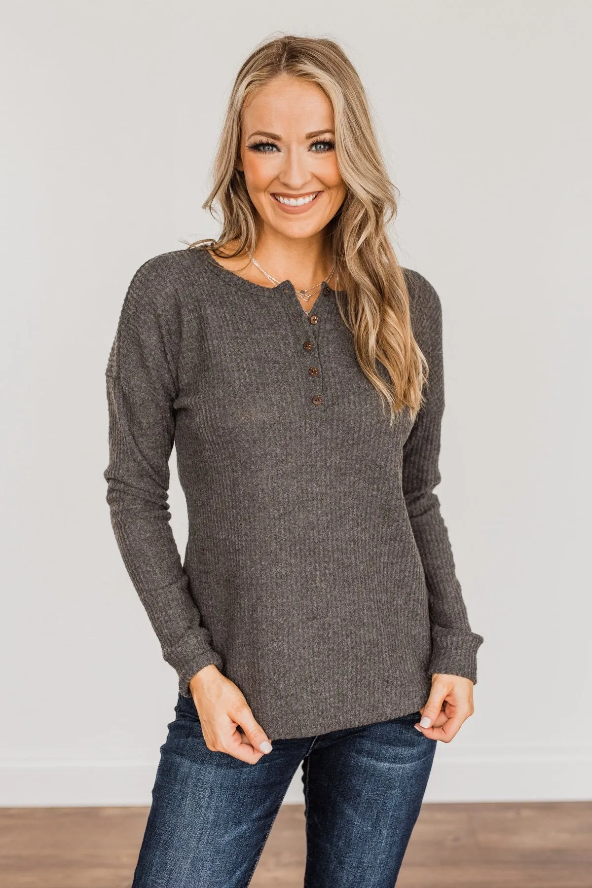 Happy Harvest Waffle Knit Button Top- Charcoal