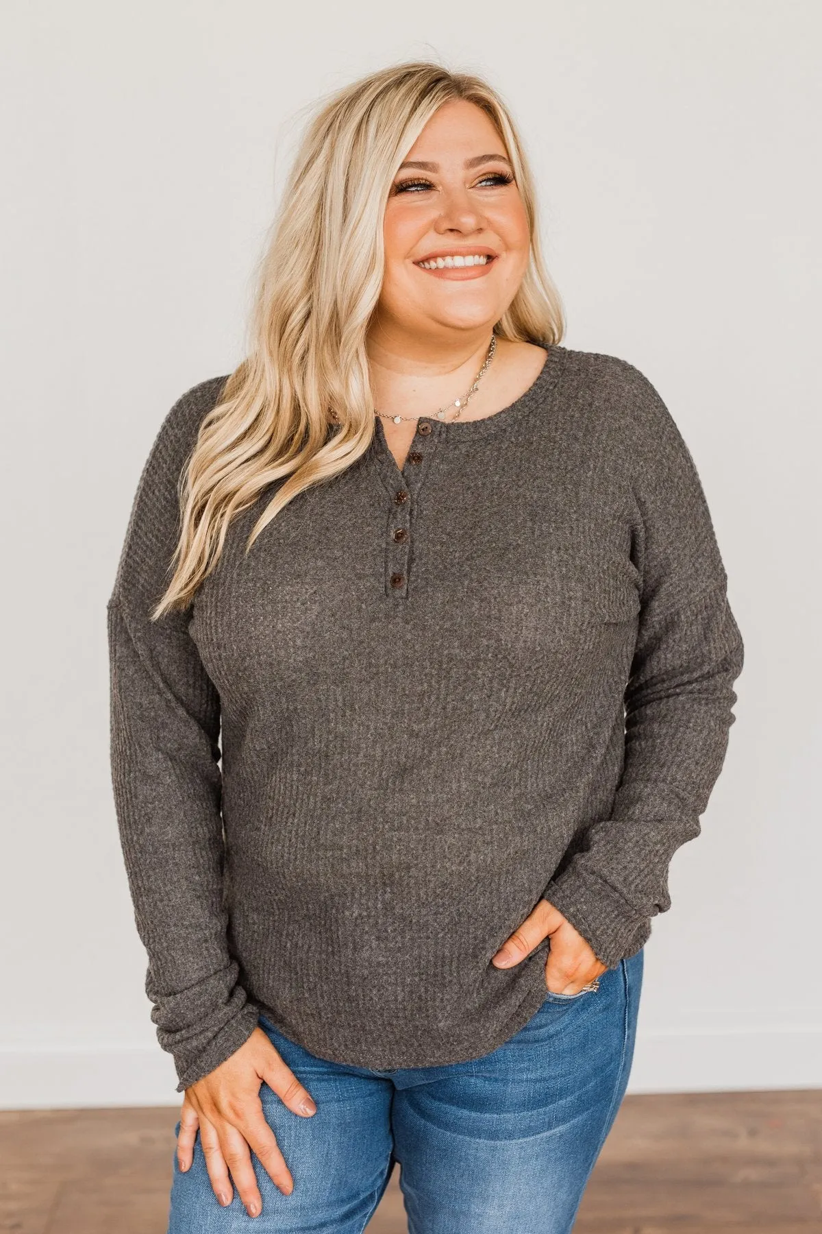 Happy Harvest Waffle Knit Button Top- Charcoal