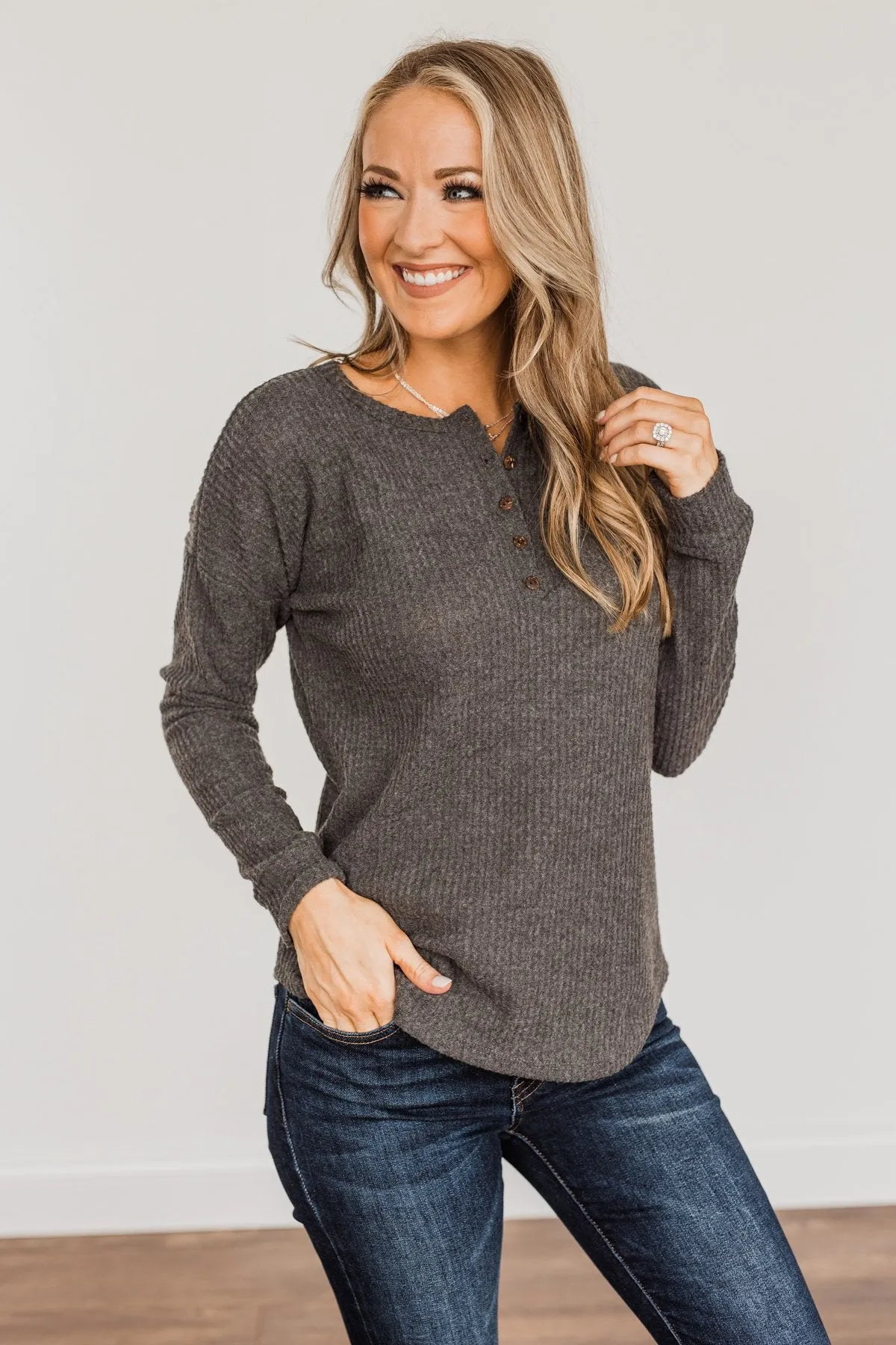 Happy Harvest Waffle Knit Button Top- Charcoal