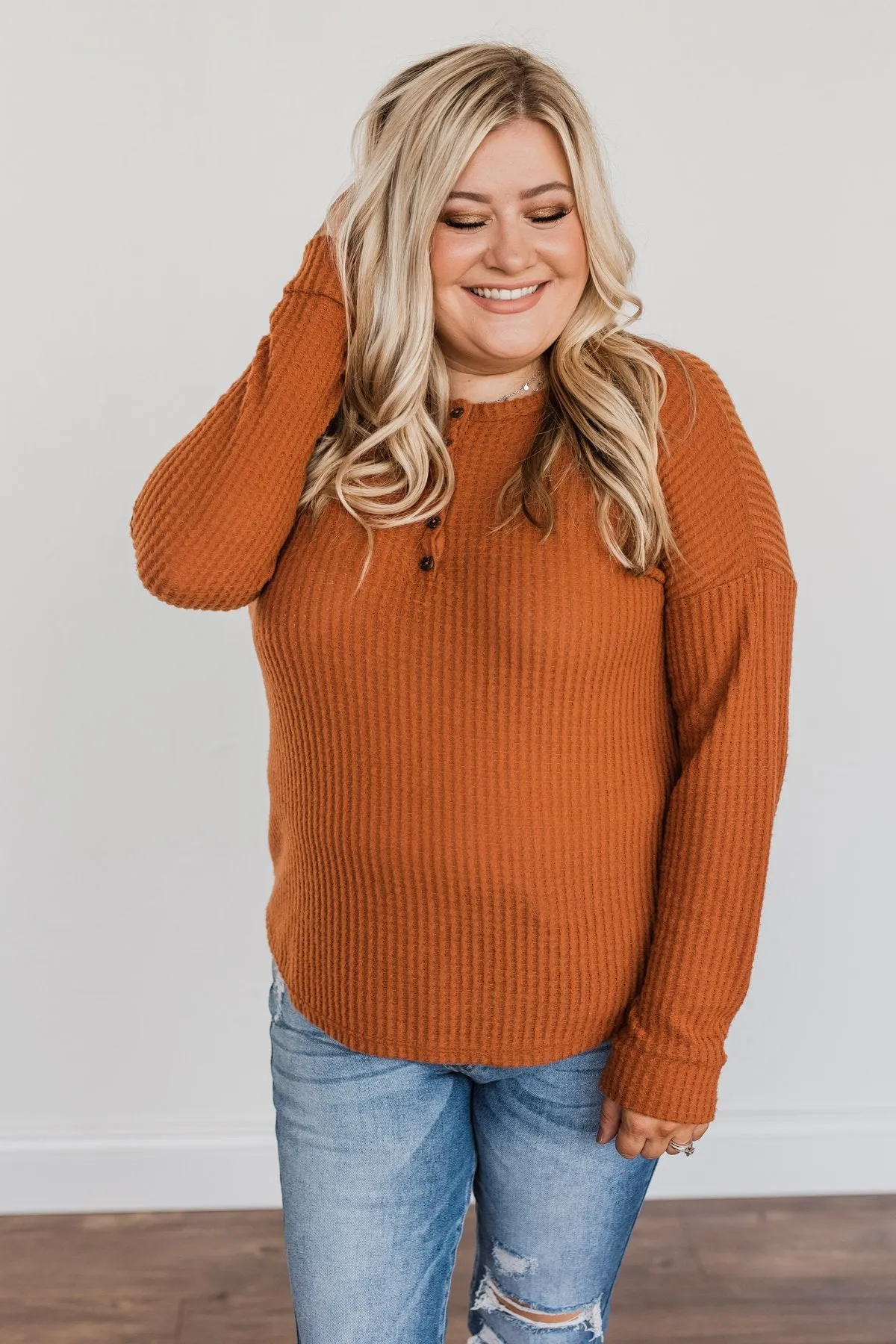 Happy Harvest Waffle Knit Button Top- Copper Orange