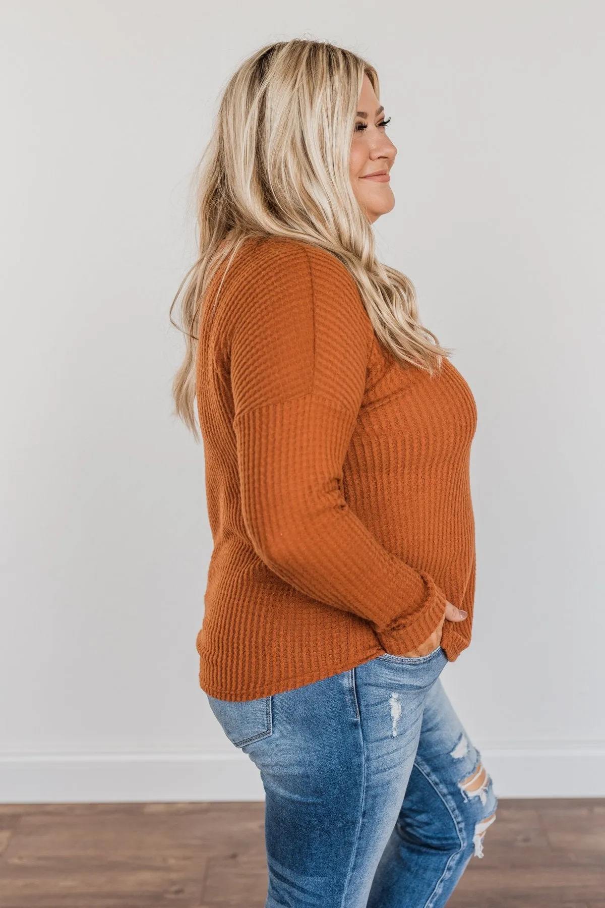 Happy Harvest Waffle Knit Button Top- Copper Orange