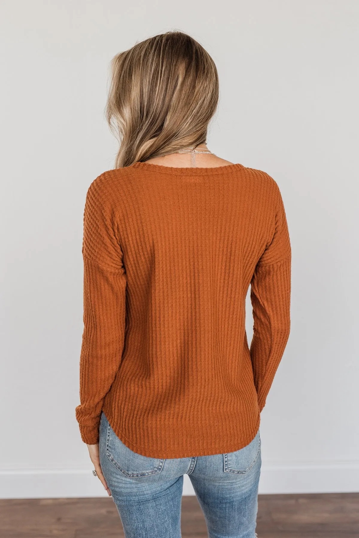 Happy Harvest Waffle Knit Button Top- Copper Orange