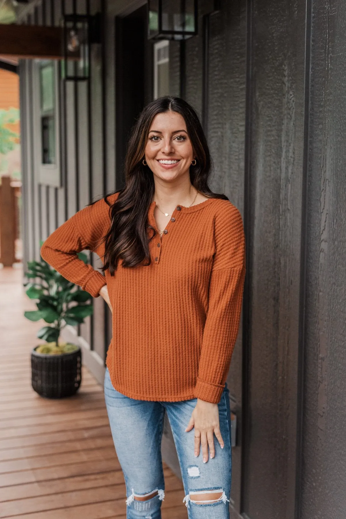 Happy Harvest Waffle Knit Button Top- Copper Orange