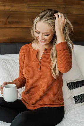 Happy Harvest Waffle Knit Button Top- Copper Orange