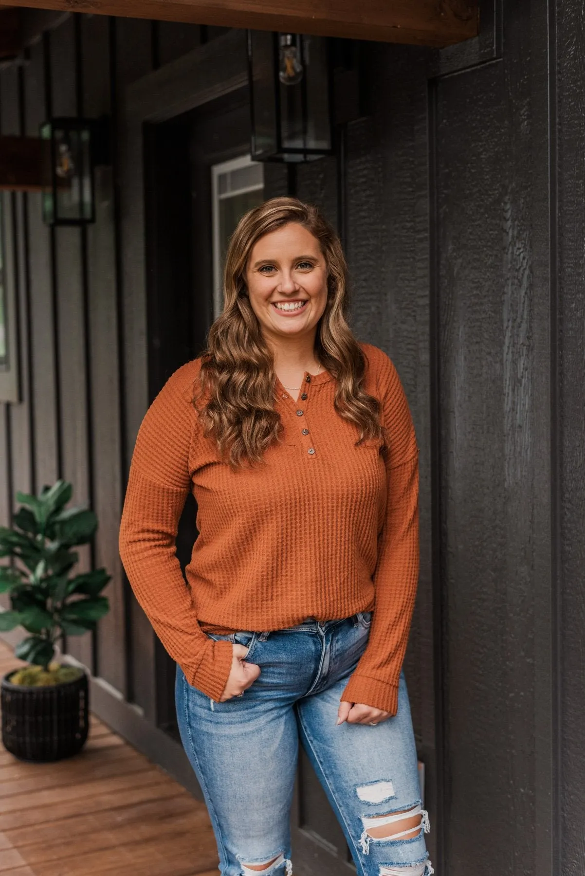 Happy Harvest Waffle Knit Button Top- Copper Orange